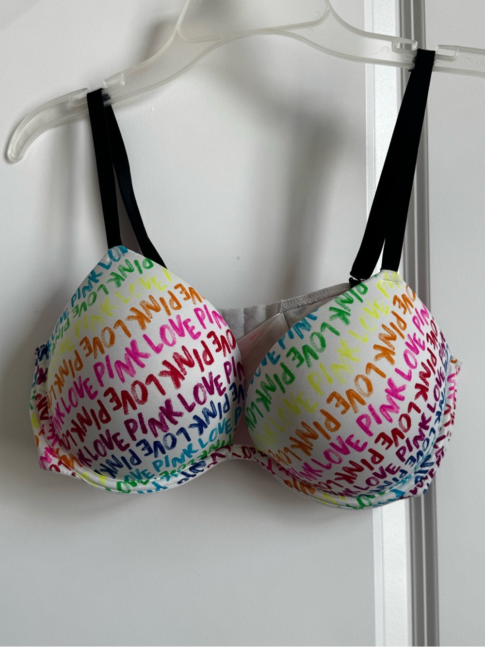PINK Victoria's Secret Multicolor 'LOVE PINK' Print Padded Bra with Black Straps